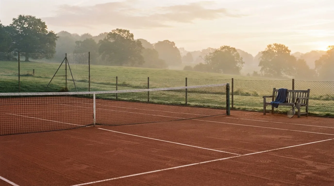 Ein Sandplatz für Tennis liegt bei Morgengrauen leer da, Tau glänzt auf dem Netz, hinter dem Zaun steigen Wiesen an.