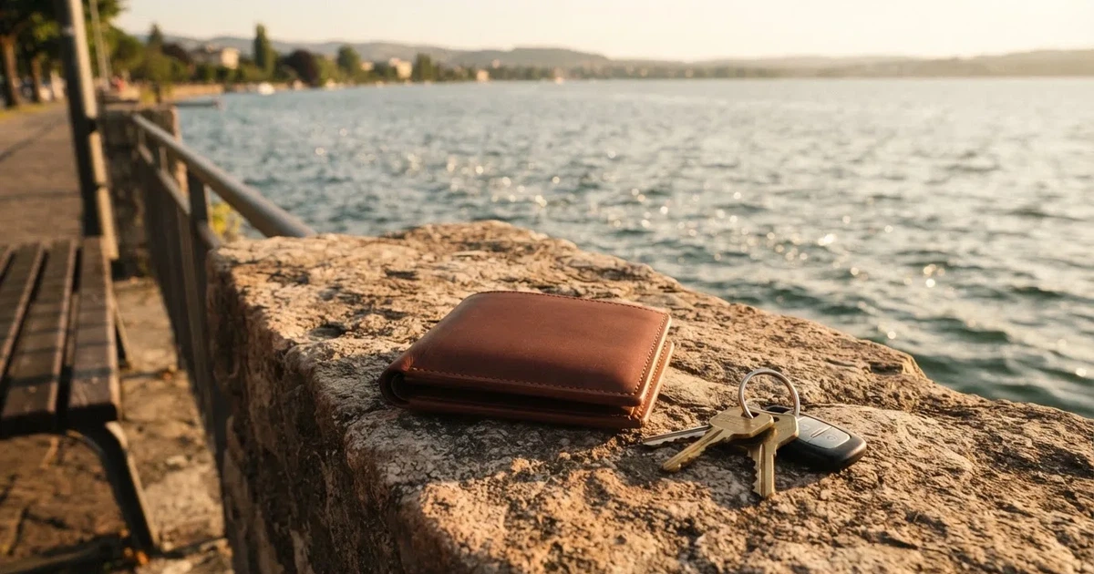 Eine Lederbörse und ein Schlüsselbund liegen auf der Steinbrüstung einer Seepromenade, dahinter glitzert der See im späten Nachmittagslicht.
