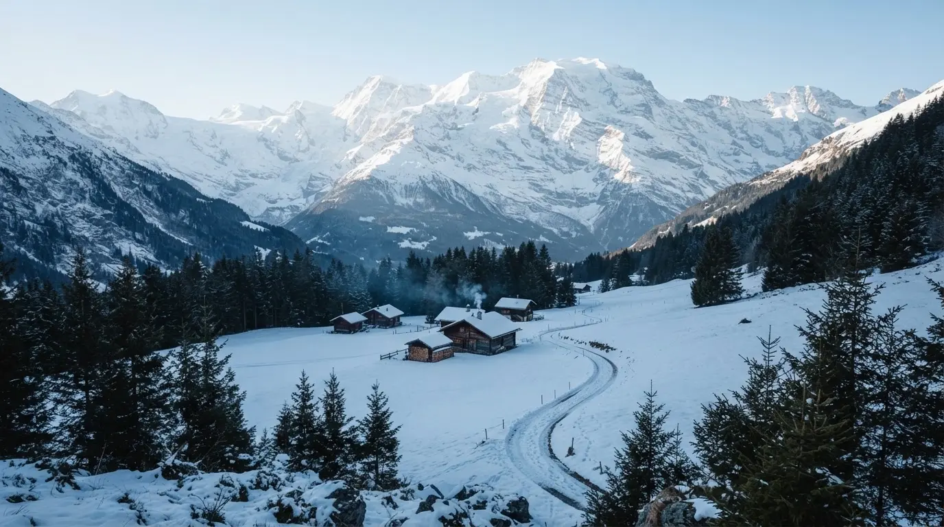 Eine verschneite Bergkette erhebt sich über einem stillen Tal, der Himmel darüber ist klar und von blassem Blau.