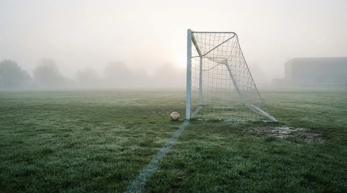 Eine Torlinie mit Netz steht am frühen Morgen im dichten Nebel auf einem Rasenplatz, die Umrisse der Pfosten verschwimmen.