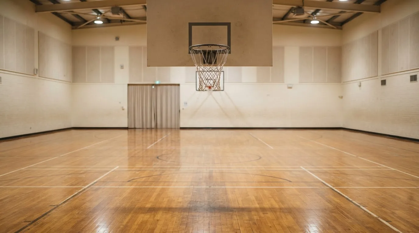 Ein Basketballkorb hängt in einer leeren Halle über einem Holzparkett, von der Decke fällt gleichmässiges Licht auf den Boden.