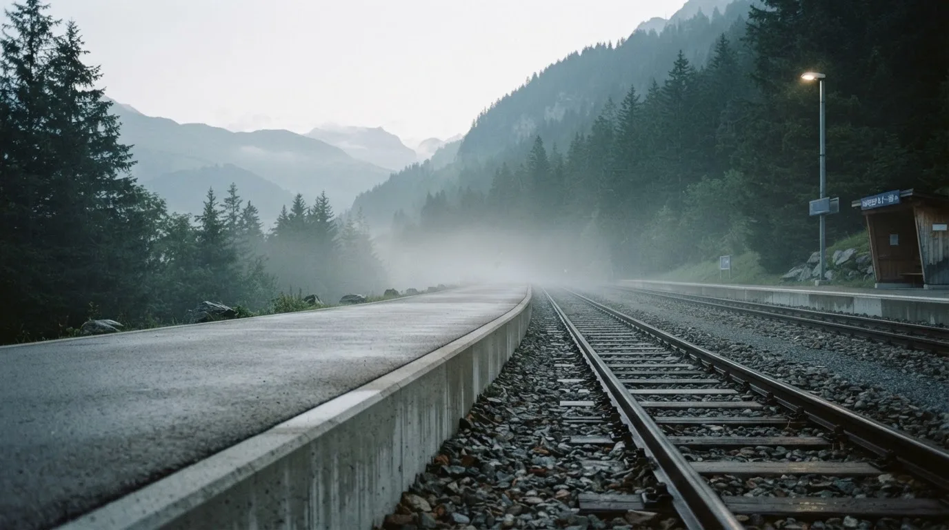 Ein leerer Bahnsteig in den Bergen mit zwei Gleisen, über den Schienen hängt Morgennebel und dahinter ragen dunkle Tannen auf.