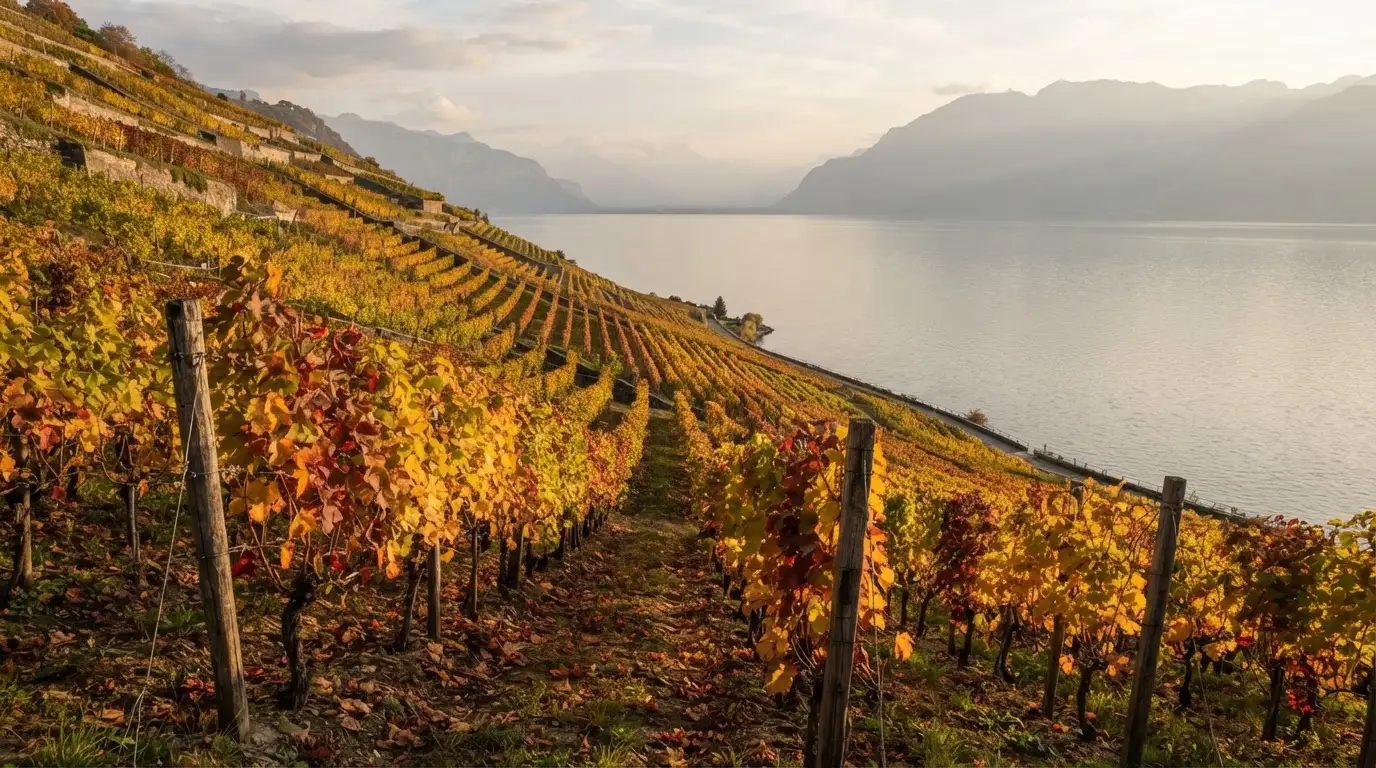 Rebzeilen ziehen sich im Herbstlicht einen Hang über einem See hinunter, die Blätter leuchten gelb und rot.