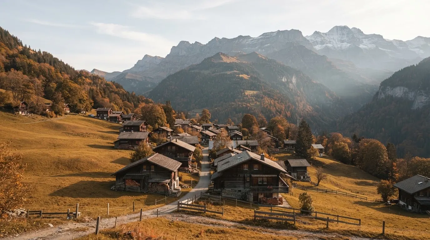 Ein kleines Dorf mit Holzhäusern liegt im Herbst in einem Tal, darüber ragen bewaldete Hänge und ein Bergkamm auf.