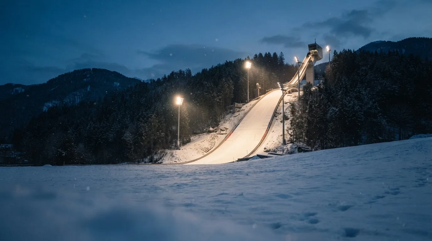 Eine Skisprungschanze steht am Abend im Flutlicht, aus der Ferne betrachtet, umgeben von dunklem Tannenwald und leichtem Schnee.