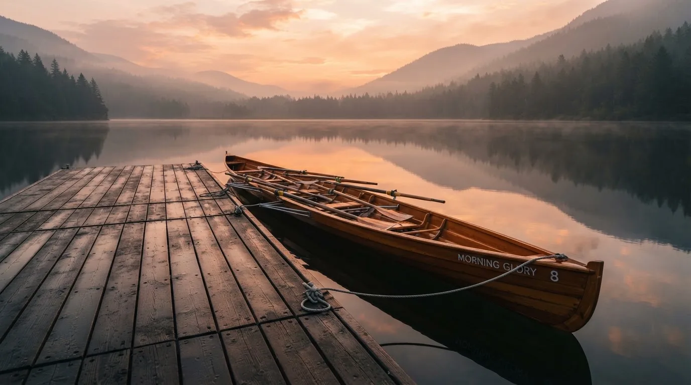 Ein leerer Ruder-Achter liegt bei Sonnenaufgang am Steg eines Sees, das Wasser ist spiegelglatt und der Himmel orange.