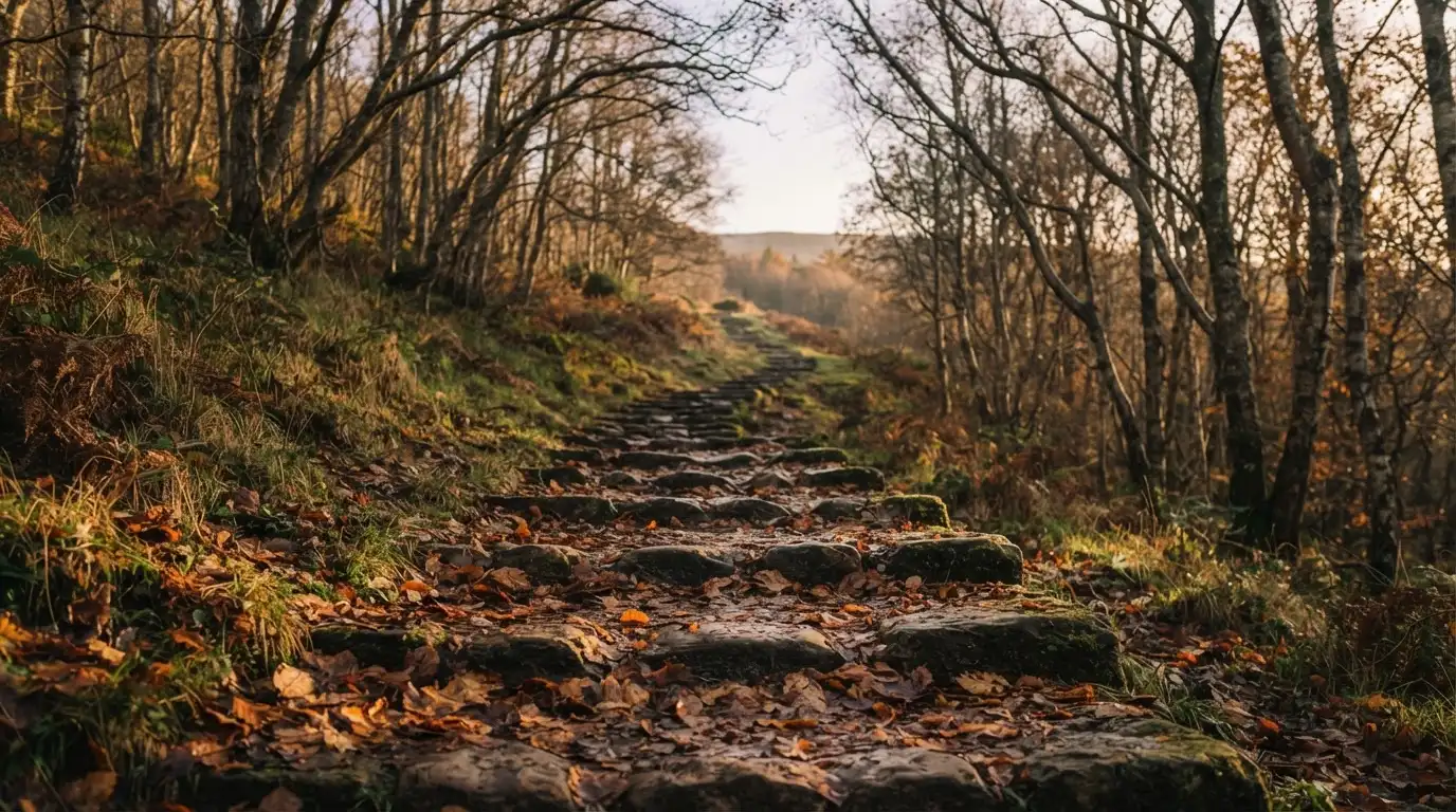 Eine Steintreppe führt einen Hügel hinauf, die Stufen sind mit Herbstlaub bedeckt und seitlich stehen kahle Bäume.