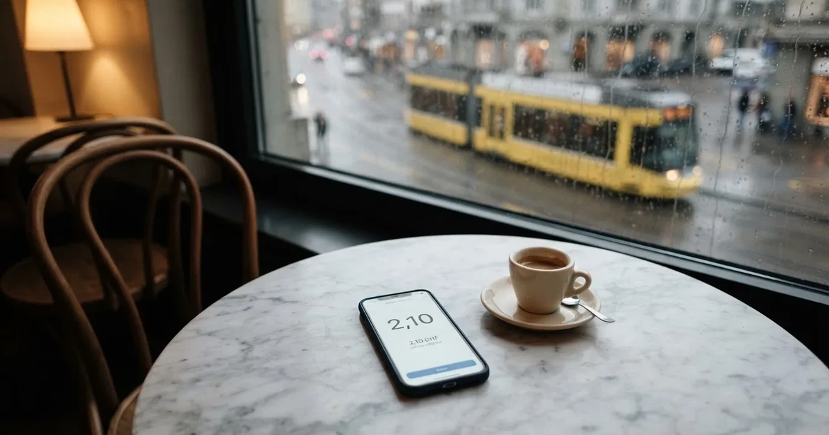 Ein Café-Tisch am Fenster trägt ein Smartphone mit dunklem Display, an der Scheibe laufen Regentropfen herunter und draussen steht eine Tram.
