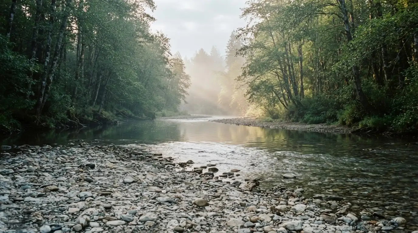 Ein Fluss mit breiter Kiesbank fliesst durch einen Wald, über dem Wasser hängt früher Nebel und Sonnenstrahlen brechen durch.