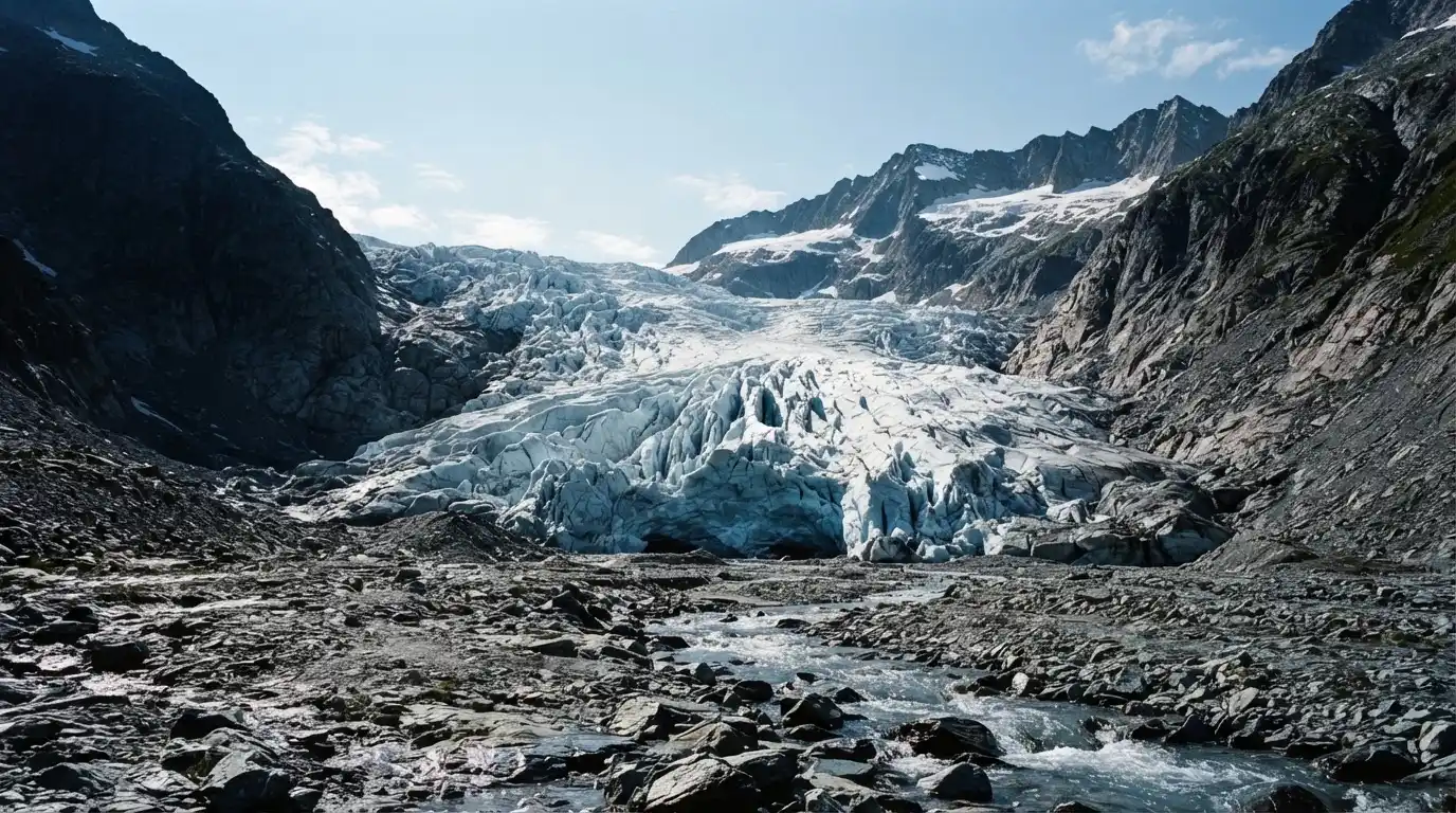 Ein Gletscher schiebt sich zwischen steile Felswände, im Vordergrund liegen Geröll und ein schmaler Bach in kaltem Licht.