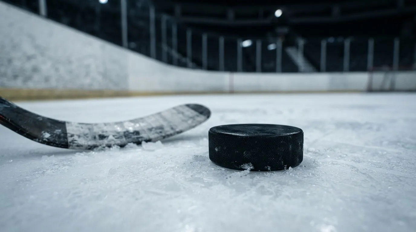 Ein Eishockeypuck liegt auf der Eisfläche neben dem Blatt eines Schlägers, die Bande dahinter ist im Dunkeln nur schwach zu erkennen.