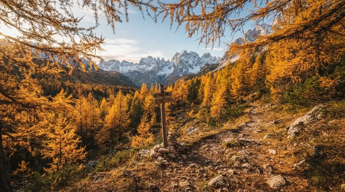 Ein Wanderweg schlängelt sich durch einen goldgelben Lärchenwald, in der Ferne sind schneebedeckte Berge zu sehen.