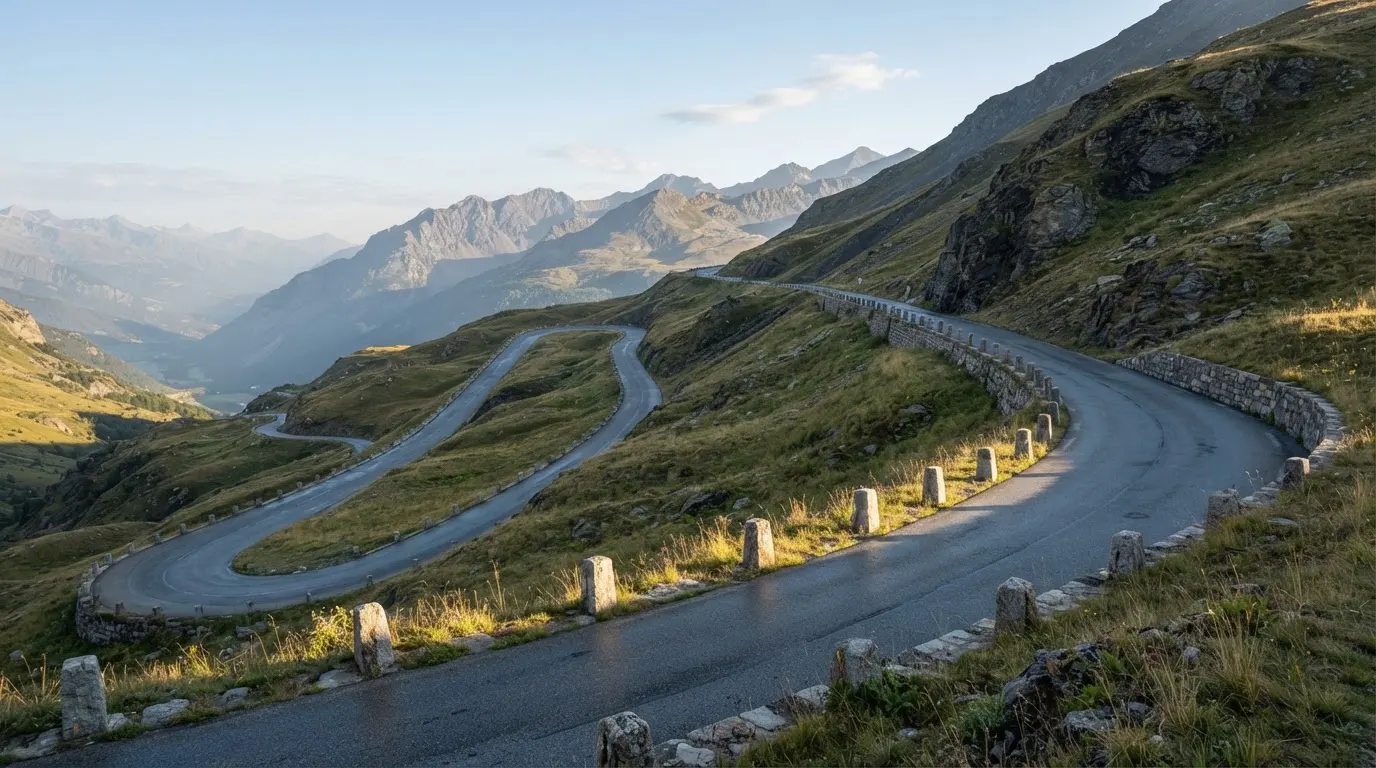 Eine leere Passstrasse mit Serpentinen windet sich im Morgenlicht einen Berg hinauf, am Rand stehen niedrige Steinpfosten.