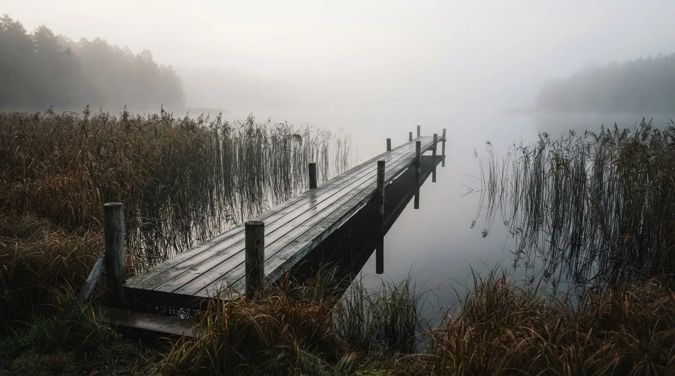 Ein Seeufer mit Schilf und einem schmalen Holzsteg liegt im Nebel, das Wasser ist ruhig und das andere Ufer kaum sichtbar.