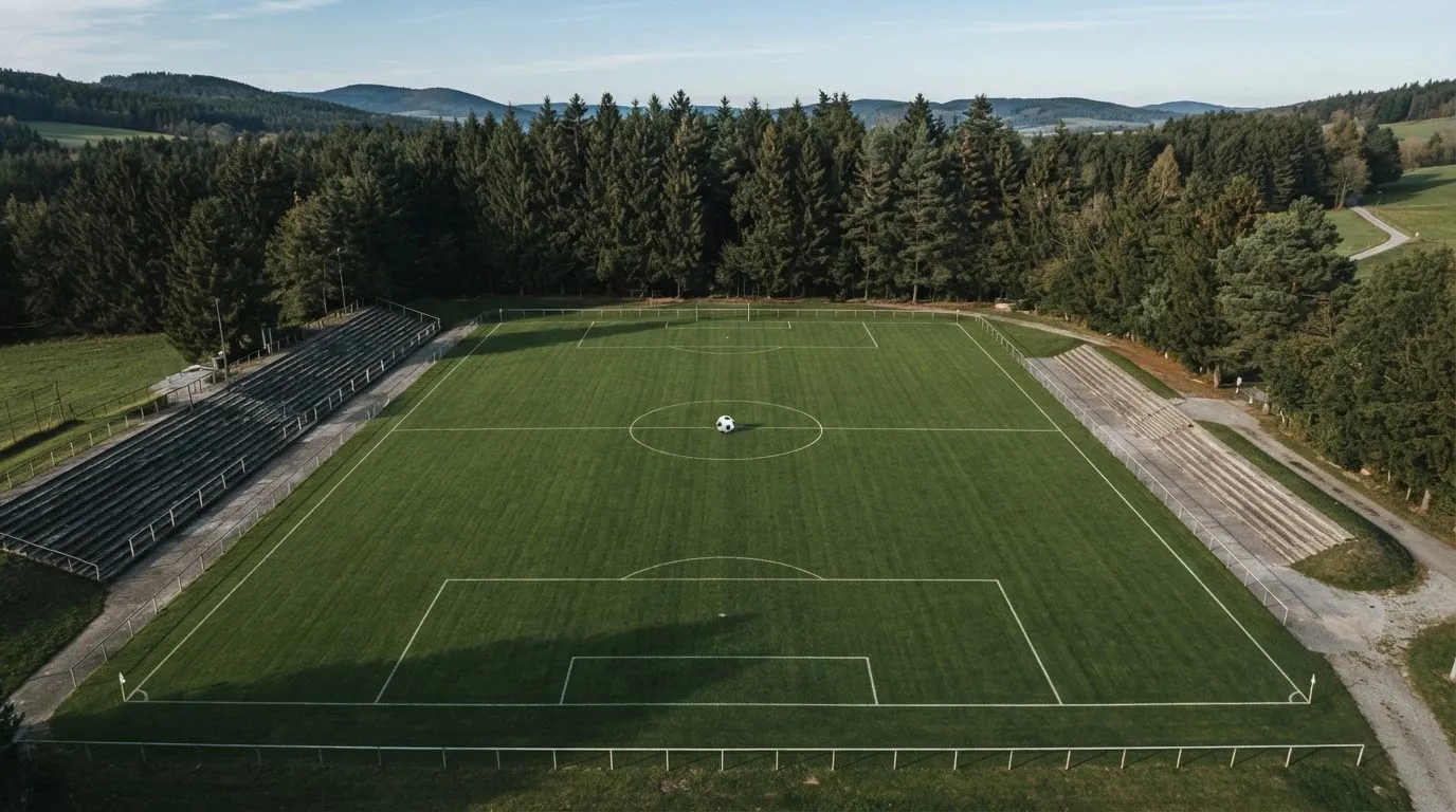 Ein Rasenplatz mit Spielfeldlinien ist von oben gesehen, ein einzelner Ball liegt in der Mitte, rundherum stehen leere Tribünen und Tannenwald.