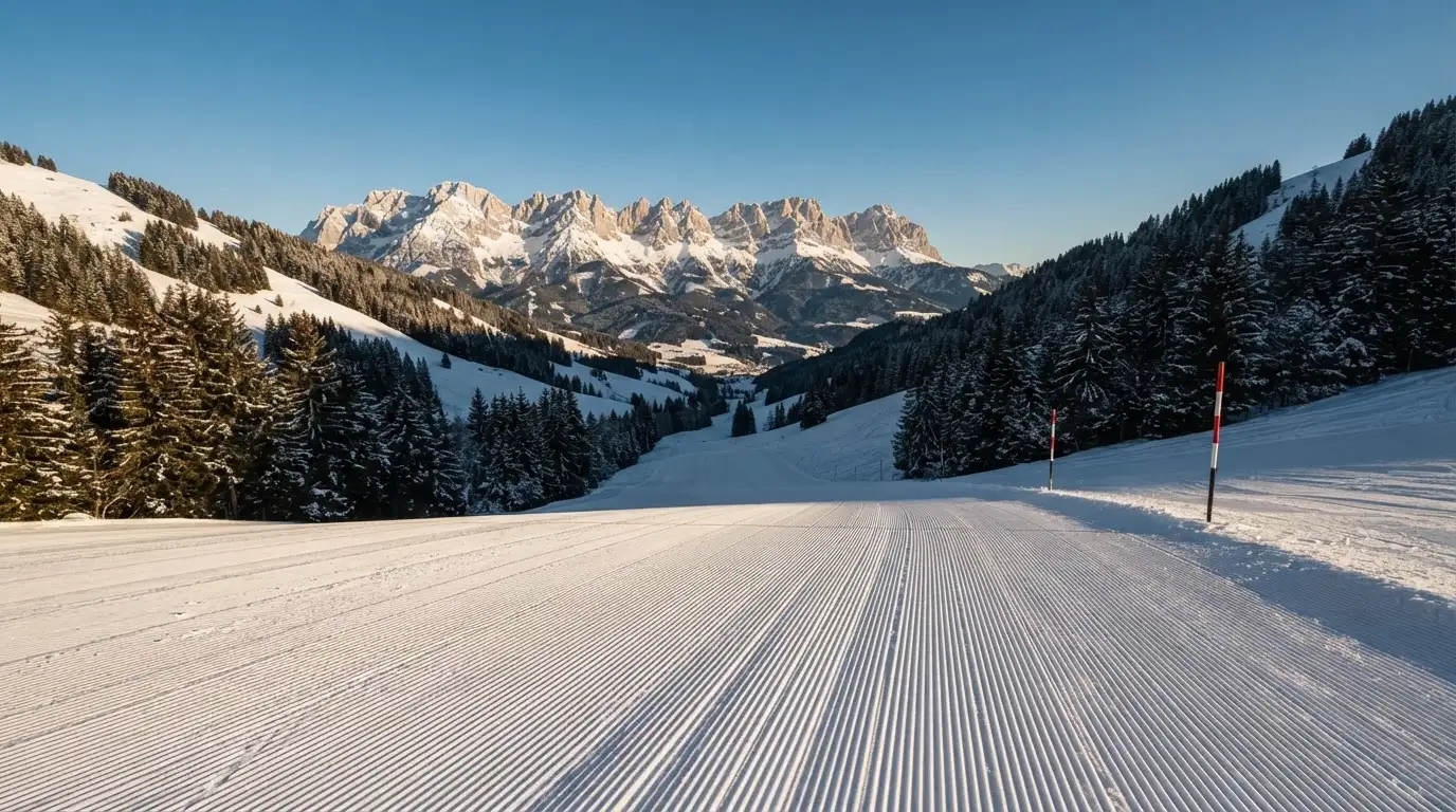 Eine frisch präparierte Skipiste liegt im Morgenlicht leer da, am Rand stehen verschneite Tannen und im Hintergrund Gipfel.