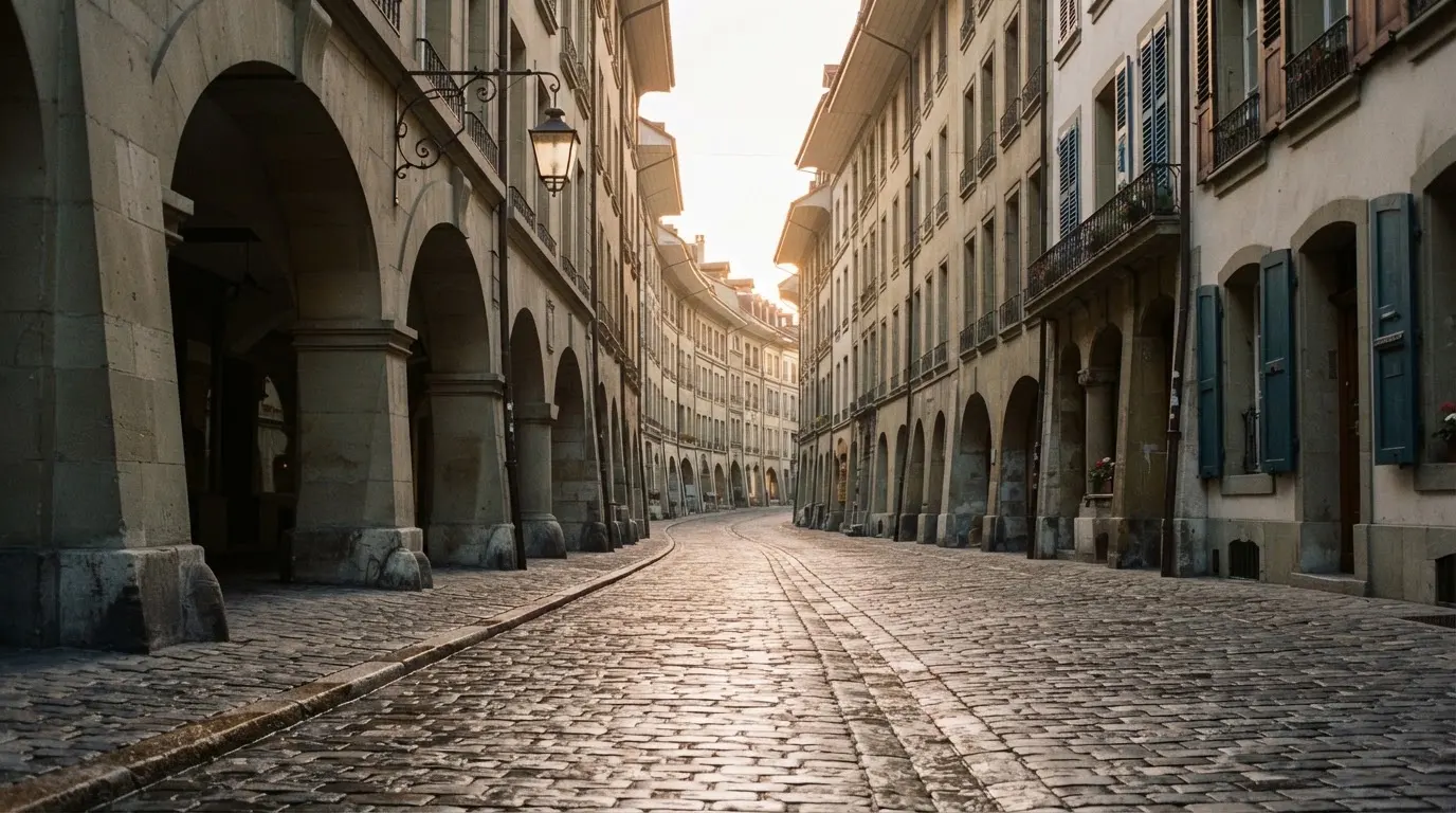 Eine kopfsteingepflasterte Gasse mit Arkaden in einer Schweizer Altstadt im frühen Morgenlicht, niemand ist unterwegs.