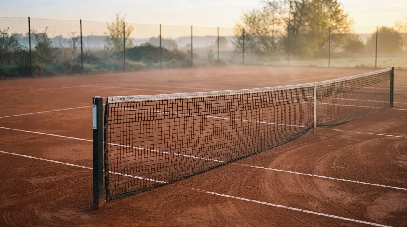 Ein Tennisplatz im Morgengrauen mit gespanntem Netz und feinem Dunst über der roten Asche.