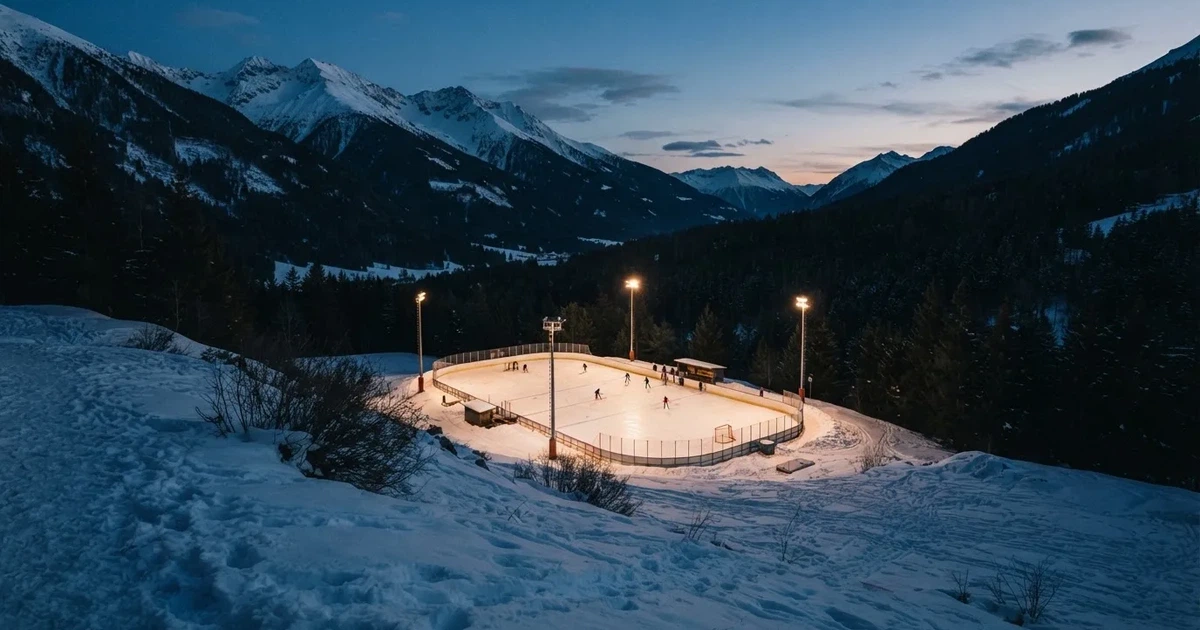 Eine Eisfläche unter Flutlicht in der Winterdämmerung, aus grosser Distanz von einem verschneiten Hang aus gesehen.