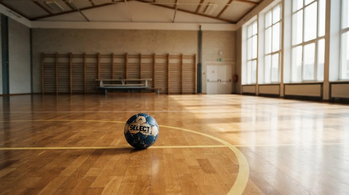 Der Boden einer Sporthalle aus poliertem Parkett mit einem einzelnen Handball in der Mitte, Licht fällt durch hohe Fenster.