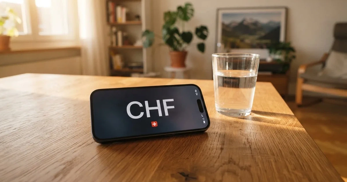 Ein Smartphone liegt mit dem Display nach unten auf einem Holztisch neben einem Wasserglas.