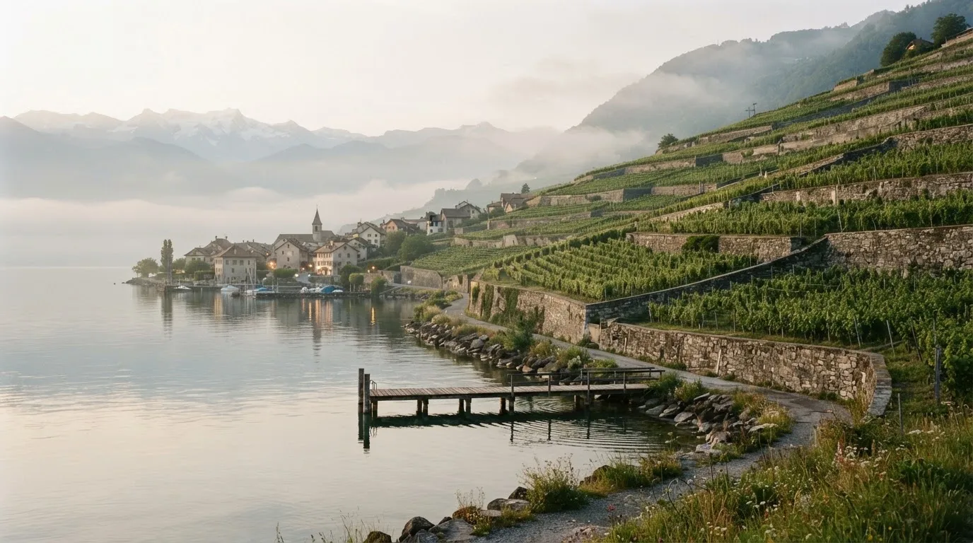 Terrassierte Weinberge über einem See im Morgendunst, am Ufer liegt ein kleines Dorf.