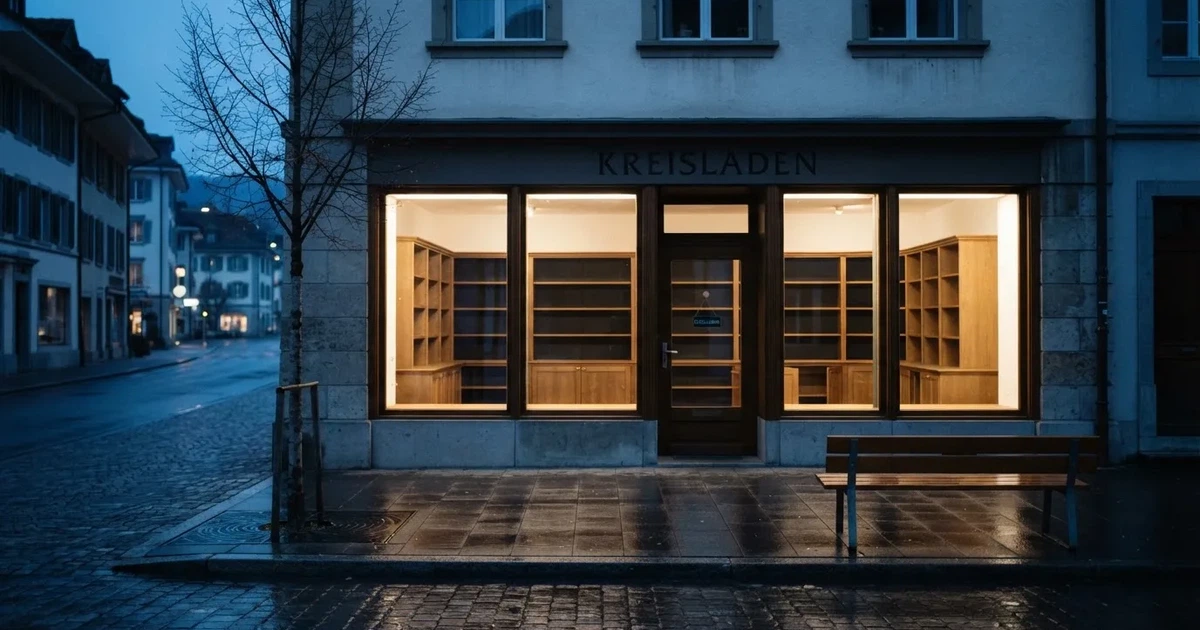 Ein leerstehendes Ladenlokal mit grossen Schaufenstern und kahlen Regalen in einer ruhigen Strasse beim ersten Tageslicht.