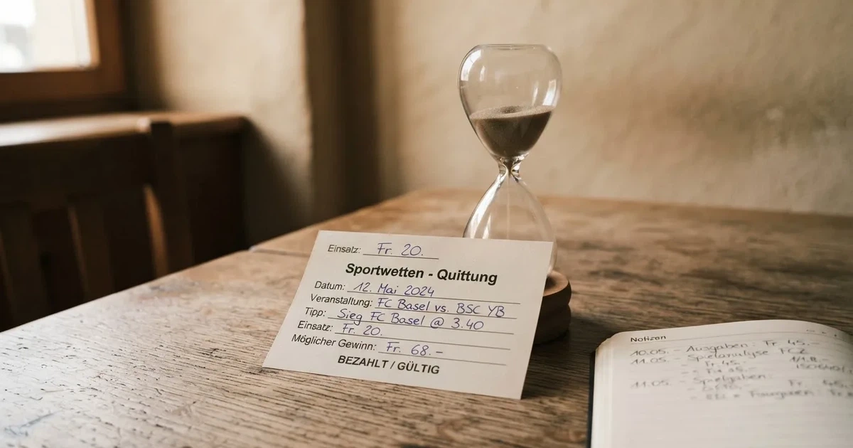 Ein kleiner Stapel Münzen neben einer Sanduhr auf einem Holztisch im weichen Fensterlicht.