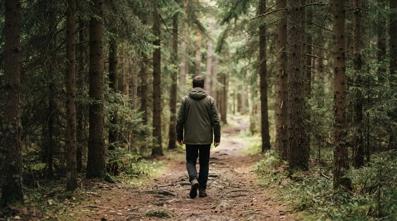 Eine Person von hinten auf einem Waldweg, die langsam zwischen hohen Tannen geht.