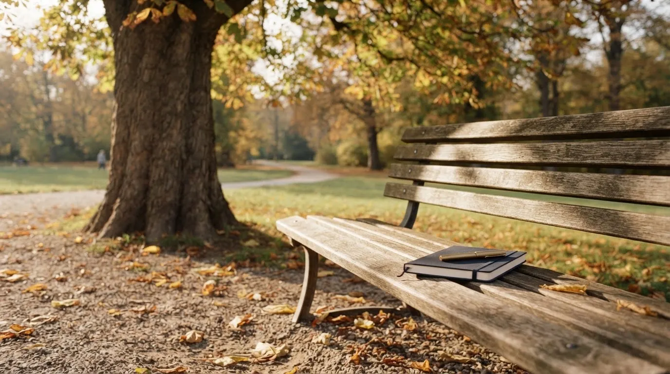 Eine Parkbank unter einer Kastanie im Herbst, auf dem Kiesweg liegen gelbe Blätter.