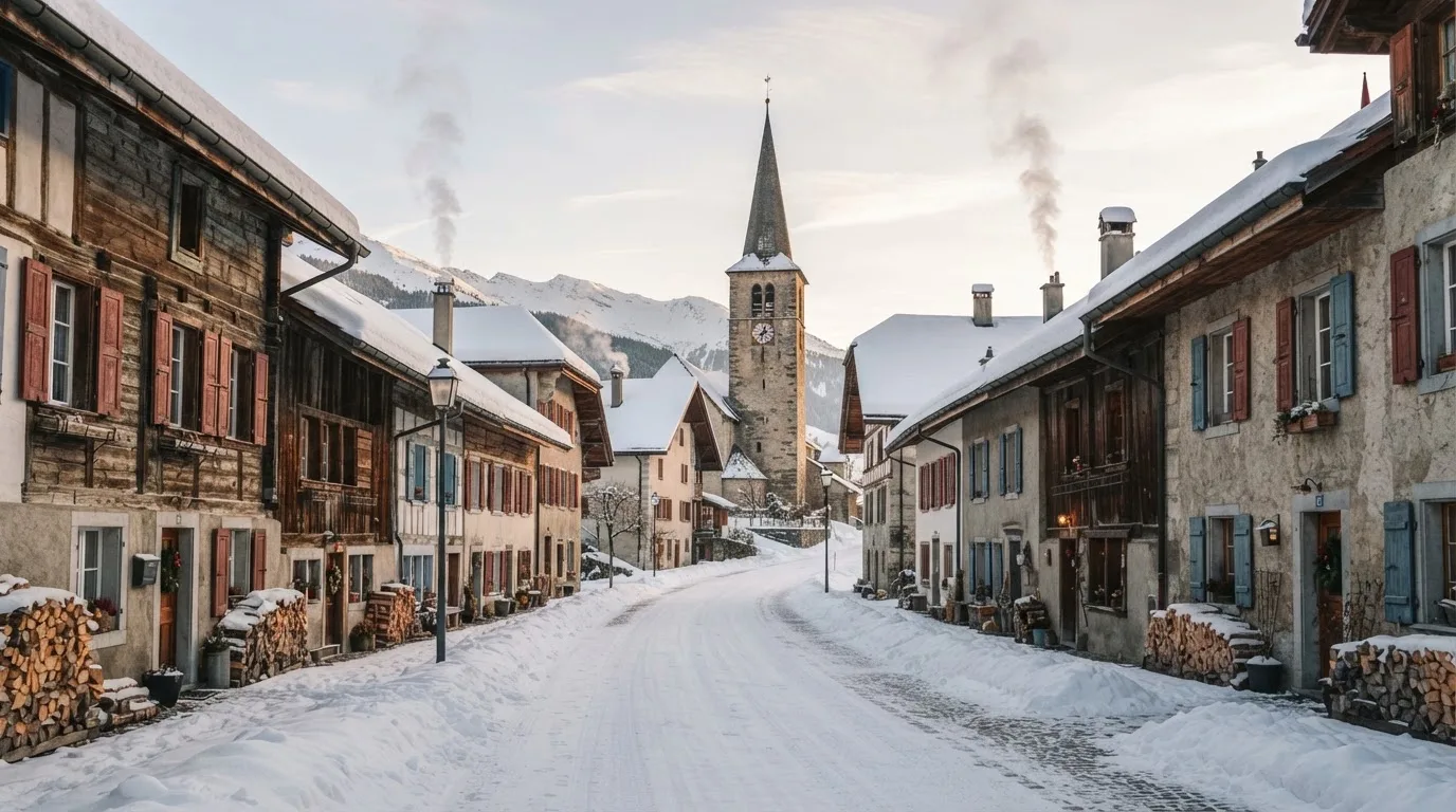 Eine verschneite Dorfstrasse mit Kirchturm im Hintergrund, Rauch steigt aus den Kaminen.