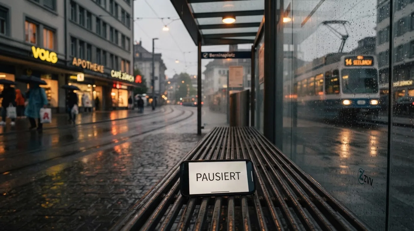 Eine Tramhaltestelle in einer Schweizer Stadt bei Regen, nasses Pflaster spiegelt das Licht.