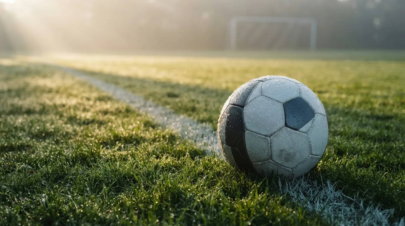 Ein Fussball ruht an der Seitenlinie im taufeuchten Gras, die ersten Sonnenstrahlen fallen schräg über den Platz.