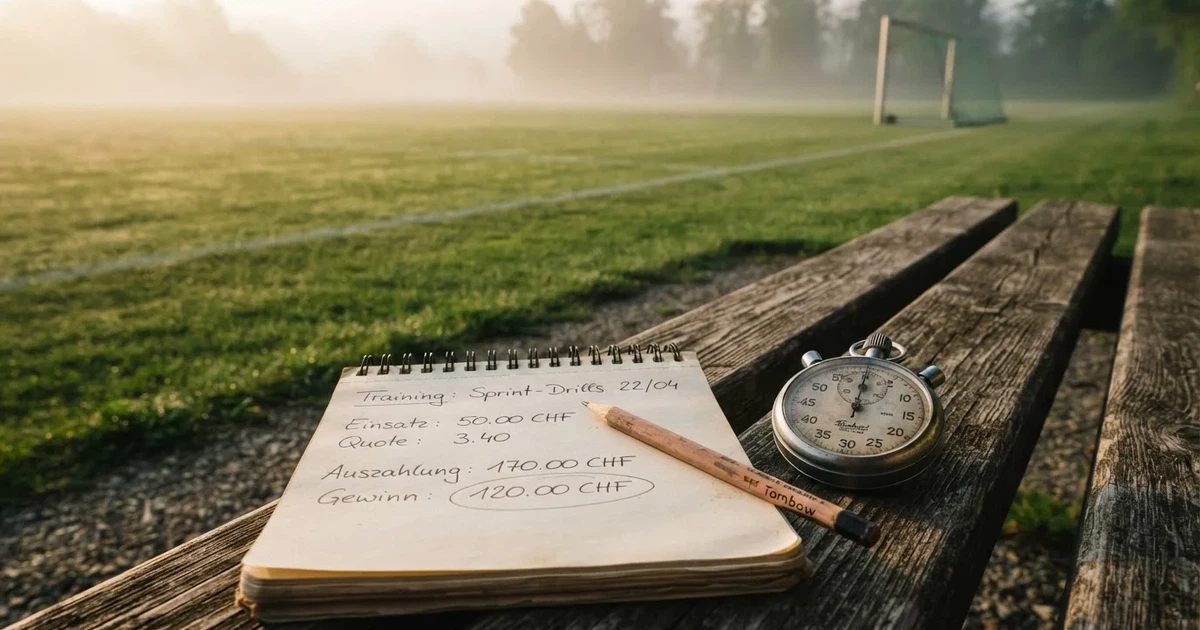 Ein abgegriffenes Notizheft, ein Bleistift und eine Stoppuhr liegen auf einer Bank am Rand eines Trainingsplatzes.
