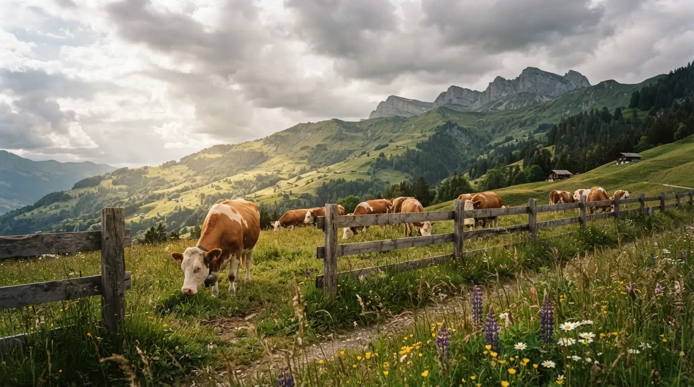 Eine Alpwiese mit weidenden Kühen und einem Holzzaun unter wolkigem Himmel.