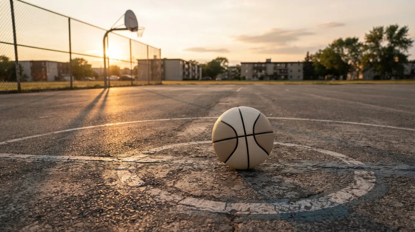 Ein Basketball liegt bei Sonnenuntergang auf einem leeren Aussenplatz, lange Schatten fallen über den Boden.