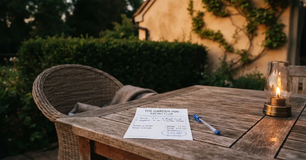 Ein leeres Wettschein-Papier und ein Kugelschreiber liegen auf einem Gartentisch auf einer Terrasse, daneben steht ein Windlicht.