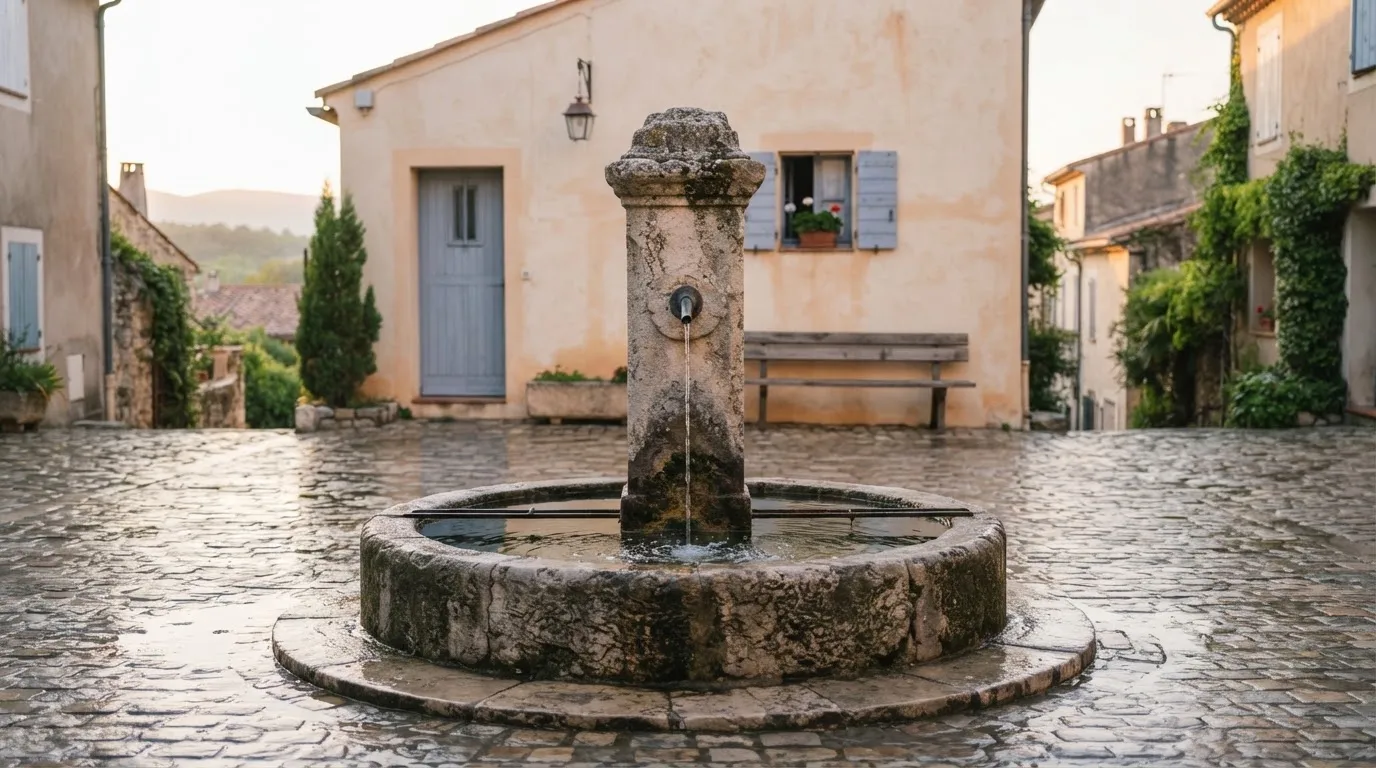 Ein Steinbrunnen auf einem stillen Dorfplatz im ersten Morgenlicht, Wasser fliesst ruhig in das Becken.