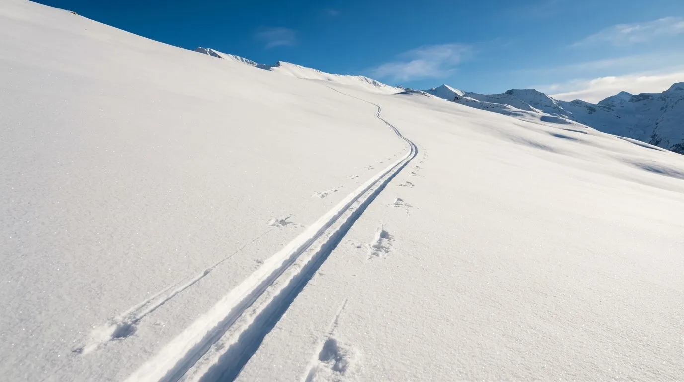 Skispuren im frischen Schnee an einem sonnigen Hang vor blauem Himmel.