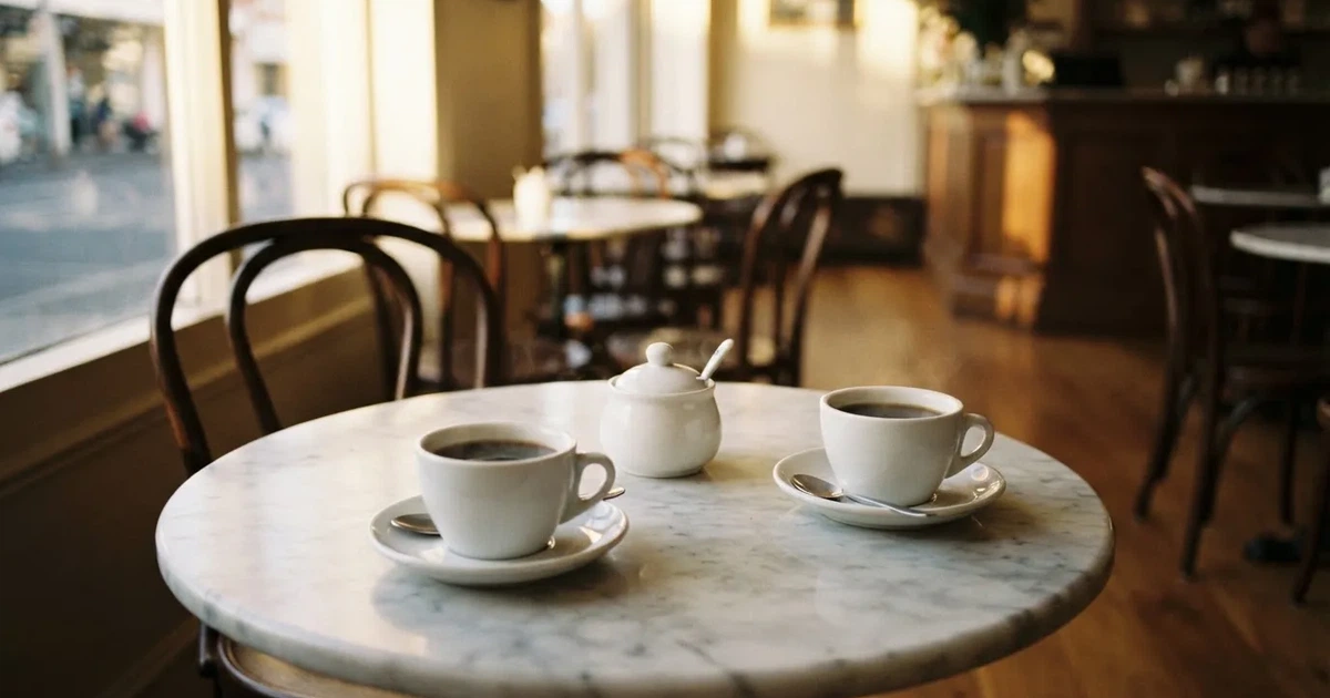 Zwei Kaffeetassen und eine Zuckerdose stehen auf einem runden Marmortisch in einem leeren Café am Morgen.