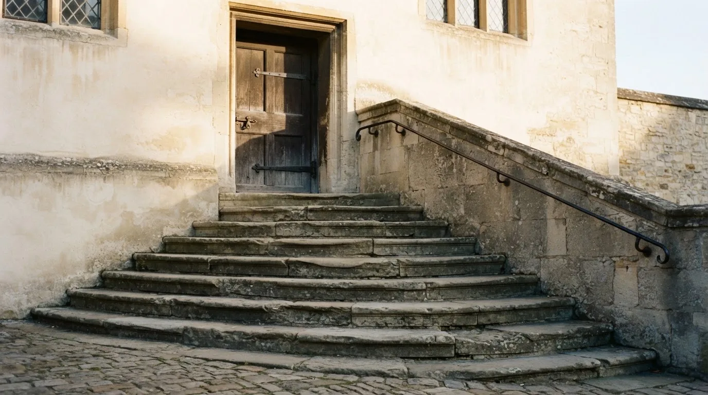 Eine Steintreppe führt zu einer schweren Eichentür in einer hellen Fassade, die Stufen liegen im Morgenschatten.
