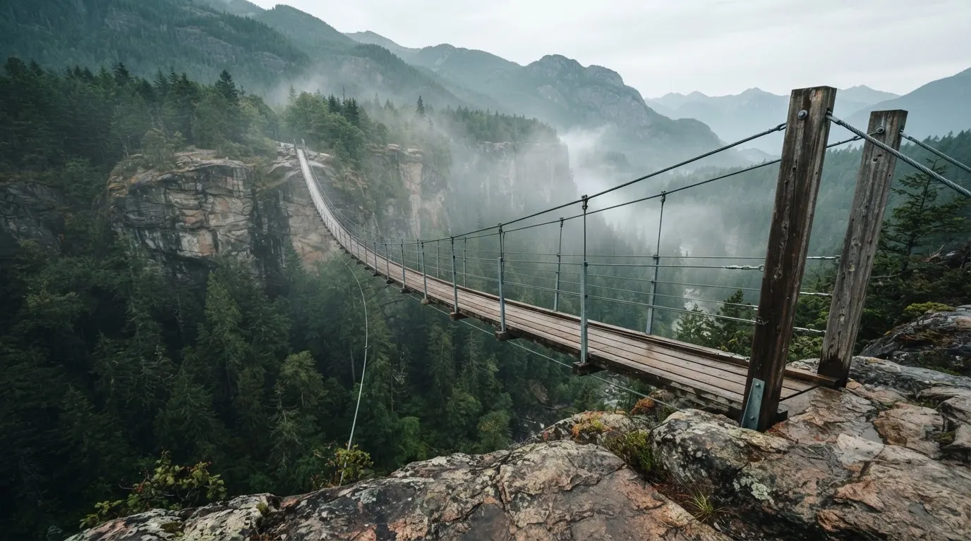 Eine Hängebrücke über eine tiefe Schlucht, aus dem Wald darunter steigt Nebel auf.