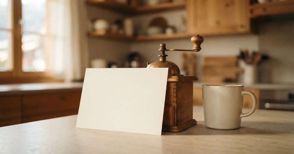 Eine leere cremefarbene Karte lehnt an einer Kaffeemühle auf einer Küchenablage.