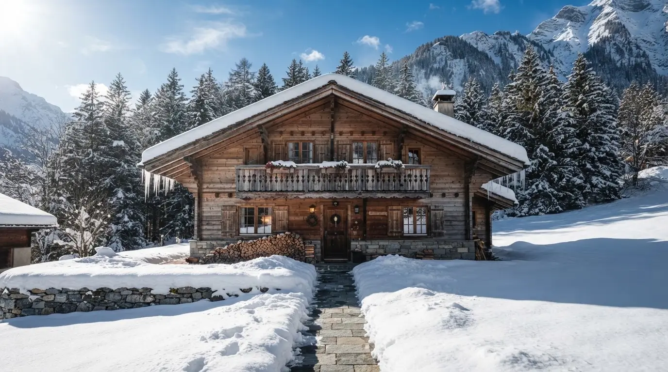 Ein Holzchalet mit Schnee auf dem Dach im klaren Sonnenlicht, davor ein geräumter Weg.