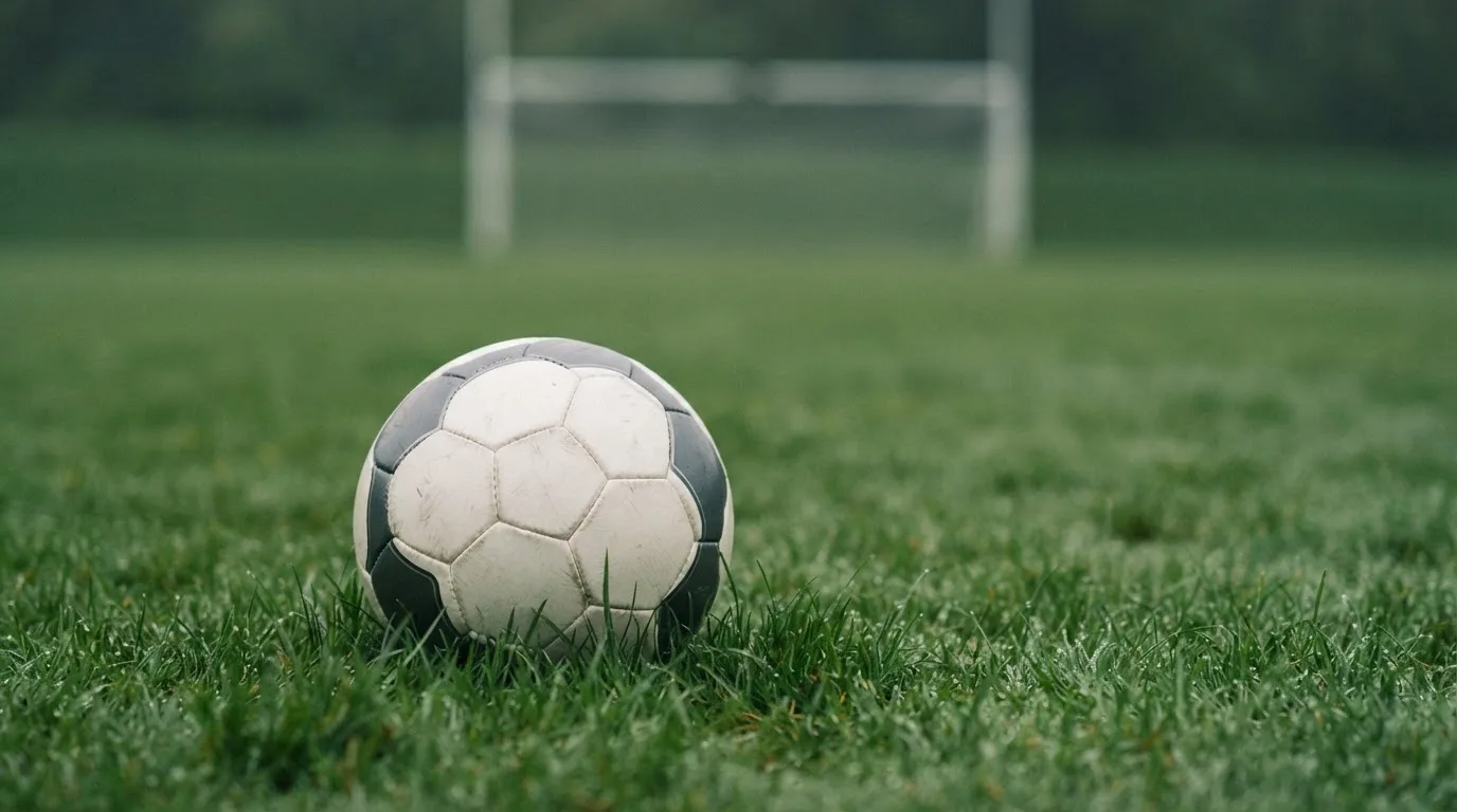 Ein Fussball auf dem Rasen aus niedriger Perspektive aufgenommen, die Torpfosten verschwimmen im Hintergrund.