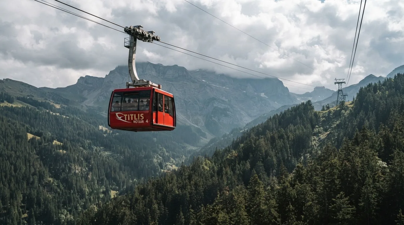 Eine Gondel einer Seilbahn schwebt über einem Tal mit Nadelwald, dahinter ziehen Wolken auf.