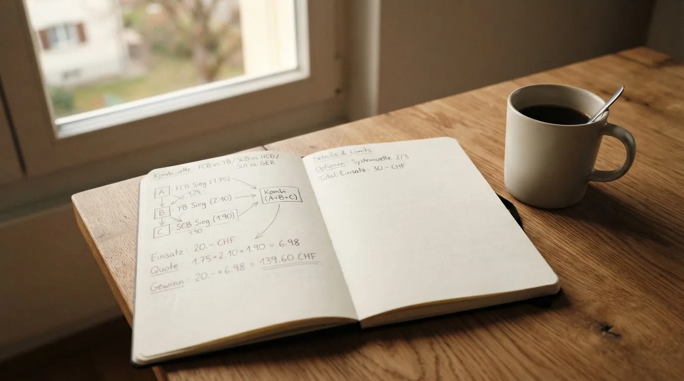 Ein aufgeschlagenes Notizbuch mit handschriftlichen Pfeilen und Kästchen liegt neben einer Kaffeetasse auf einem Schreibtisch am Fenster.