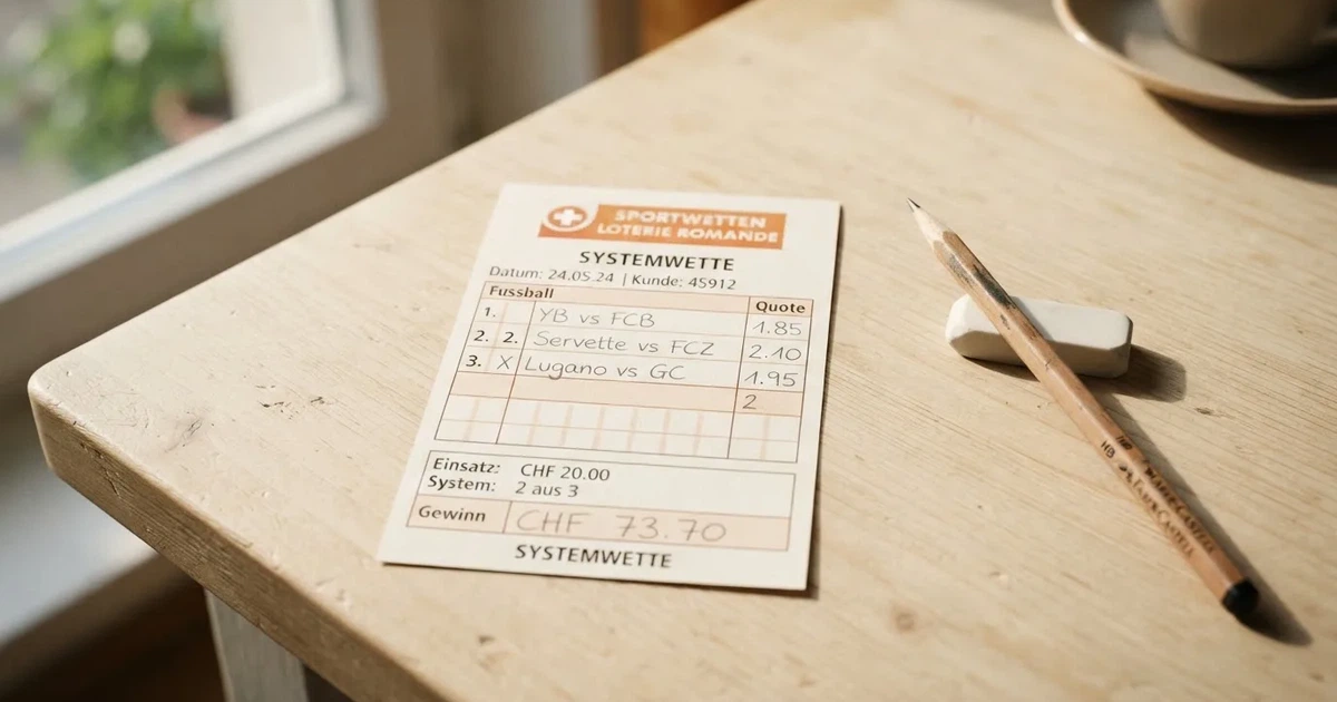 Ein leerer Wettschein aus Papier liegt neben einem Bleistift und einem Radiergummi auf einem hellen Holztisch im Tageslicht.