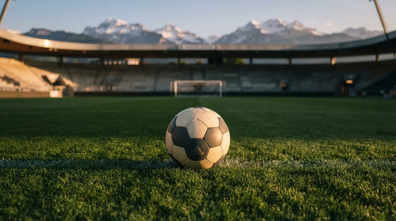 Ein Fussball liegt auf dem Rasen eines leeren Stadions am frühen Abend, dahinter erheben sich schneebedeckte Berge unter klarem Himmel.