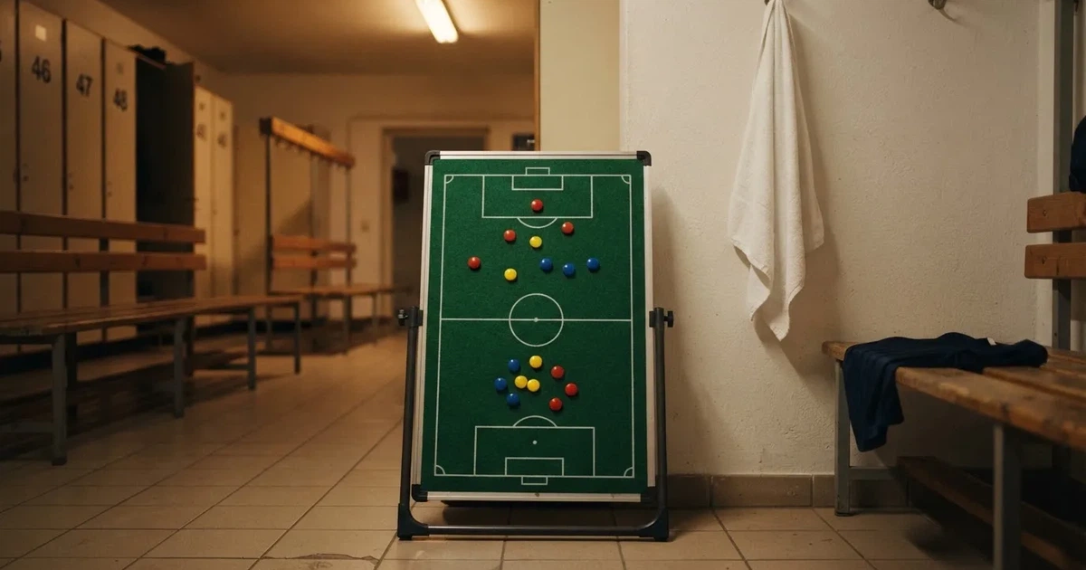 Eine Taktiktafel mit farbigen Magnetfiguren auf grünem Feld steht in einer leeren Kabine, neben ihr hängt ein Handtuch.